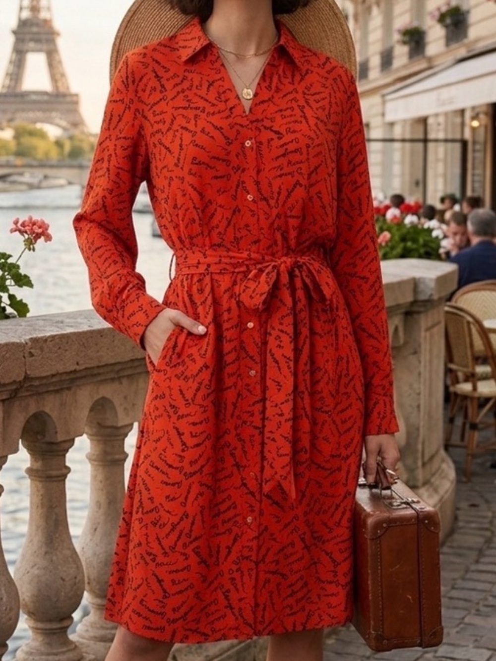 Banana Republic Orange Tie Waist French Script Long Sleeve Dress